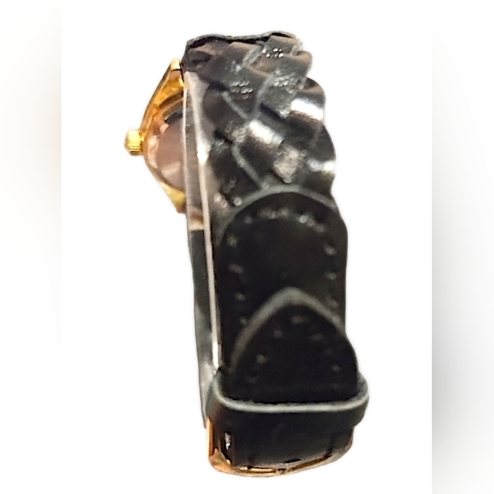 Vintage Women's LA Express Watch Gold Tone Blue Faceted Face Black Leather Band - Picture 5 of 6